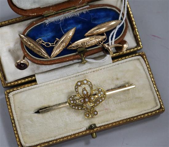 Two pairs of gold cufflinks and a 15ct gold seed pearl brooch.